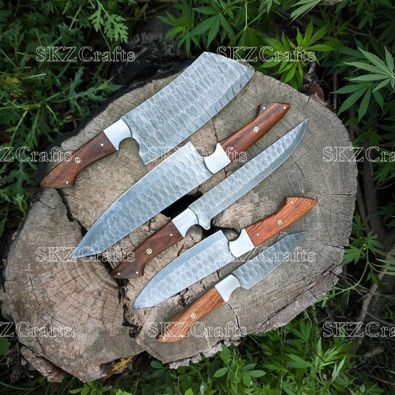 Handmade Damascus Steel Knives, Wooden Handle 5-Piece Set with Leather Roll, Personalized Thanksgiving Gifts for Him