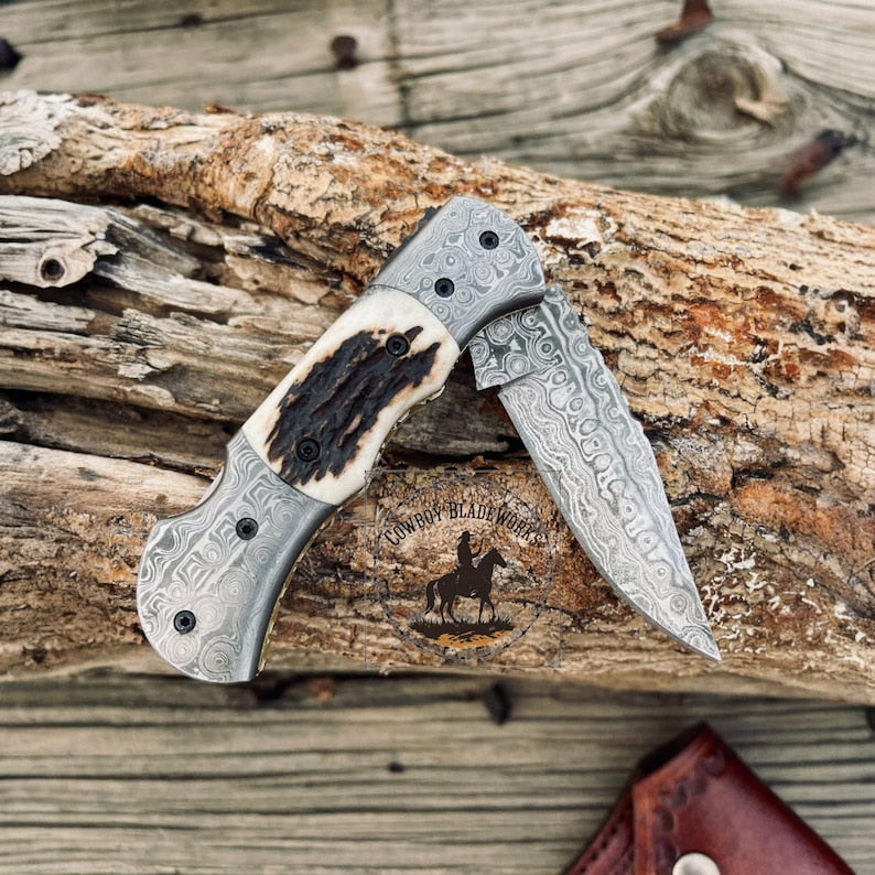 Handmade Damascus Steel Pocket Knife: Stag Horn Handle, Leather Sheath