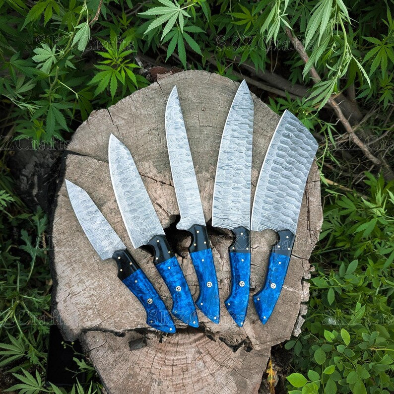 Damascus Steel Chef Knife Set, Vibrant Blue Resin & G10 Handle, Personalized Wedding Present, Thanksgiving Gifts