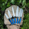 Damascus Steel Chef Knife Set, Vibrant Blue Resin & G10 Handle, Personalized Wedding Present, Thanksgiving Gifts