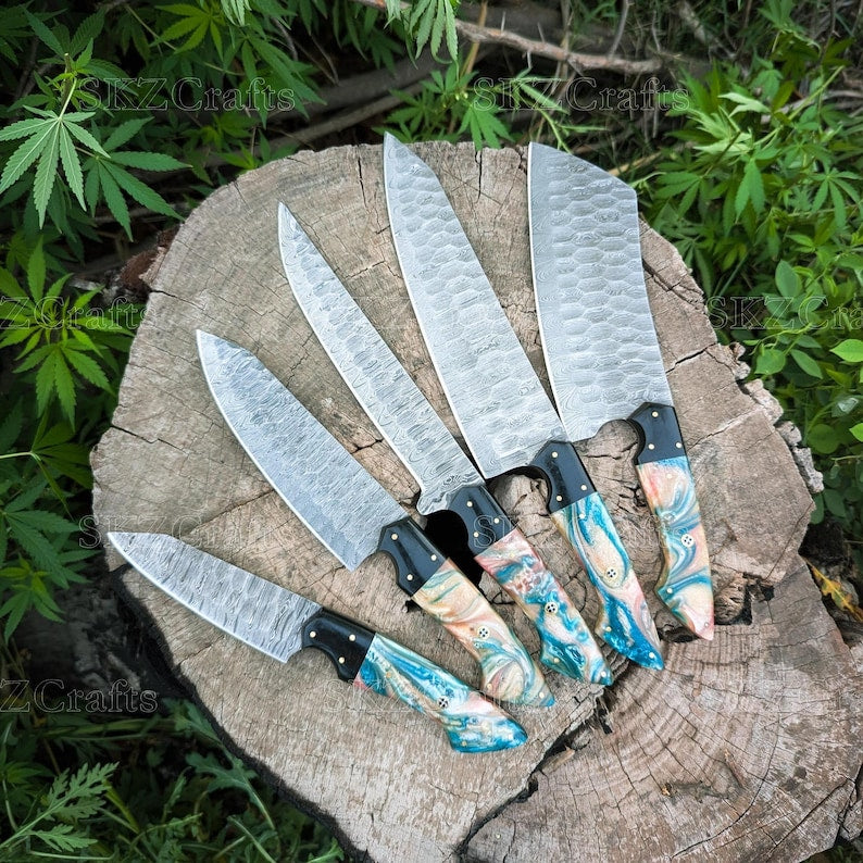 Custom Made Chef Knife Set, Damascus Steel Blade, Multi-Color Resin Handle Handmade Kitchen Cutlery, Thanksgiving Gifts For Men