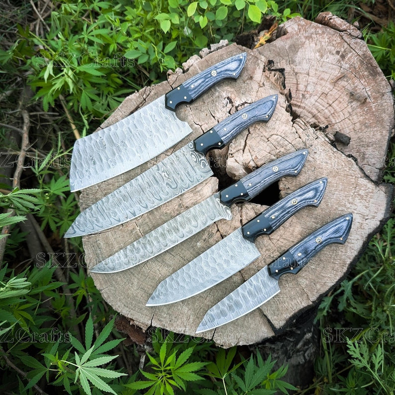 Handmade Damascus Steel Chef Knife Set 5Pcs, Custom Utility Blades, Engraved Anniversary Wedding Thanksgiving Gifts for Him/Her