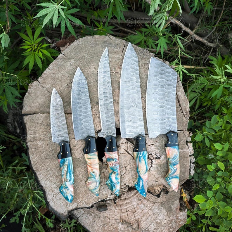 Custom Made Chef Knife Set, Damascus Steel Blade, Multi-Color Resin Handle Handmade Kitchen Cutlery, Thanksgiving Gifts For Men