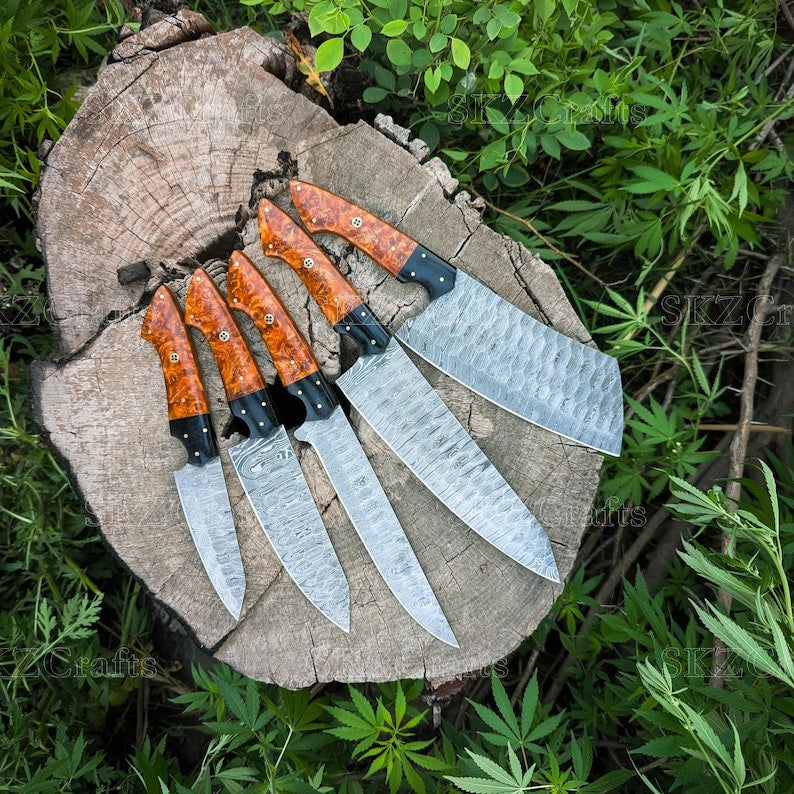 Handmade Chef Knife Set 5-Piece, Resin Handle Damascus Steel Blades, Custom Cooking Knife, Anniversary Gift for Thanksgiving Gifts