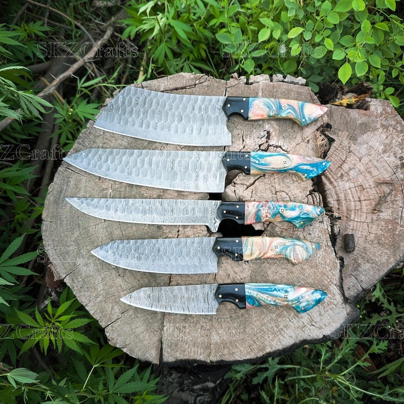 Custom Made Chef Knife Set, Damascus Steel Blade, Multi-Color Resin Handle Handmade Kitchen Cutlery, Thanksgiving Gifts For Men