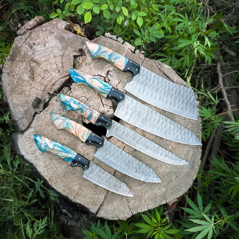 Custom Made Chef Knife Set, Damascus Steel Blade, Multi-Color Resin Handle Handmade Kitchen Cutlery, Thanksgiving Gifts For Men