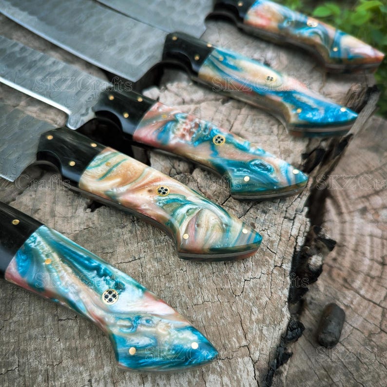 Custom Made Chef Knife Set, Damascus Steel Blade, Multi-Color Resin Handle Handmade Kitchen Cutlery, Thanksgiving Gifts For Men