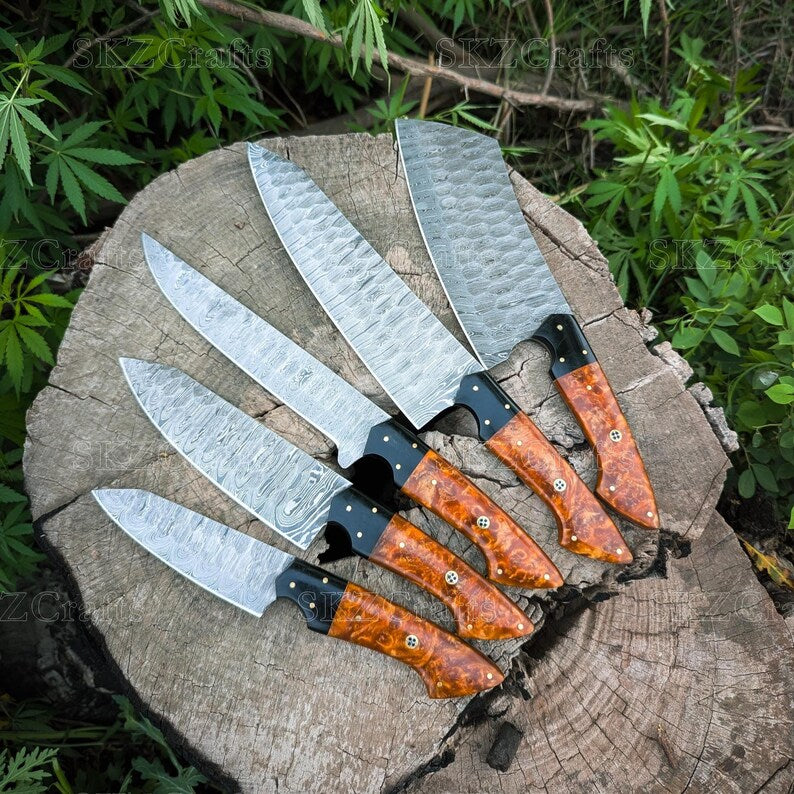 Handmade Chef Knife Set 5-Piece, Resin Handle Damascus Steel Blades, Custom Cooking Knife, Anniversary Gift for Thanksgiving Gifts
