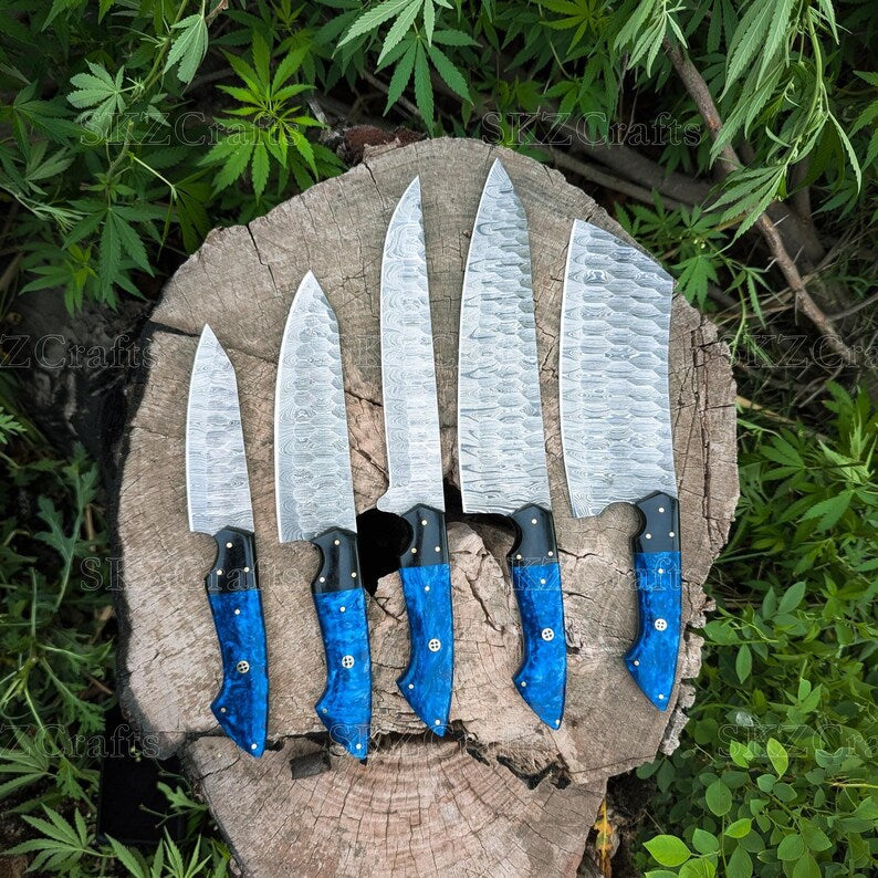 Damascus Steel Chef Knife Set, Vibrant Blue Resin & G10 Handle, Personalized Wedding Present, Thanksgiving Gifts