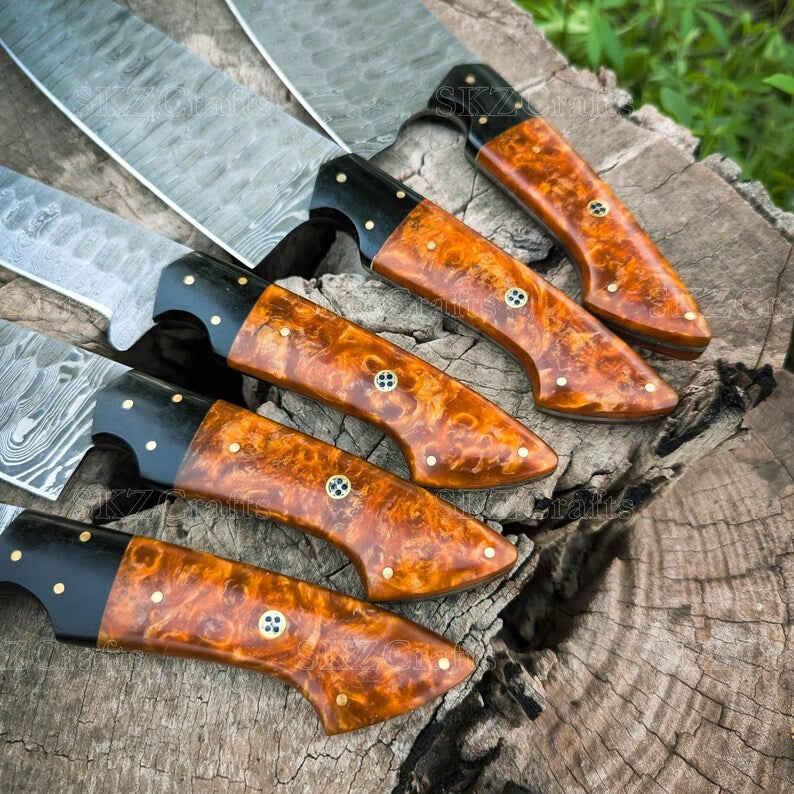 Handmade Chef Knife Set 5-Piece, Resin Handle Damascus Steel Blades, Custom Cooking Knife, Anniversary Gift for Thanksgiving Gifts