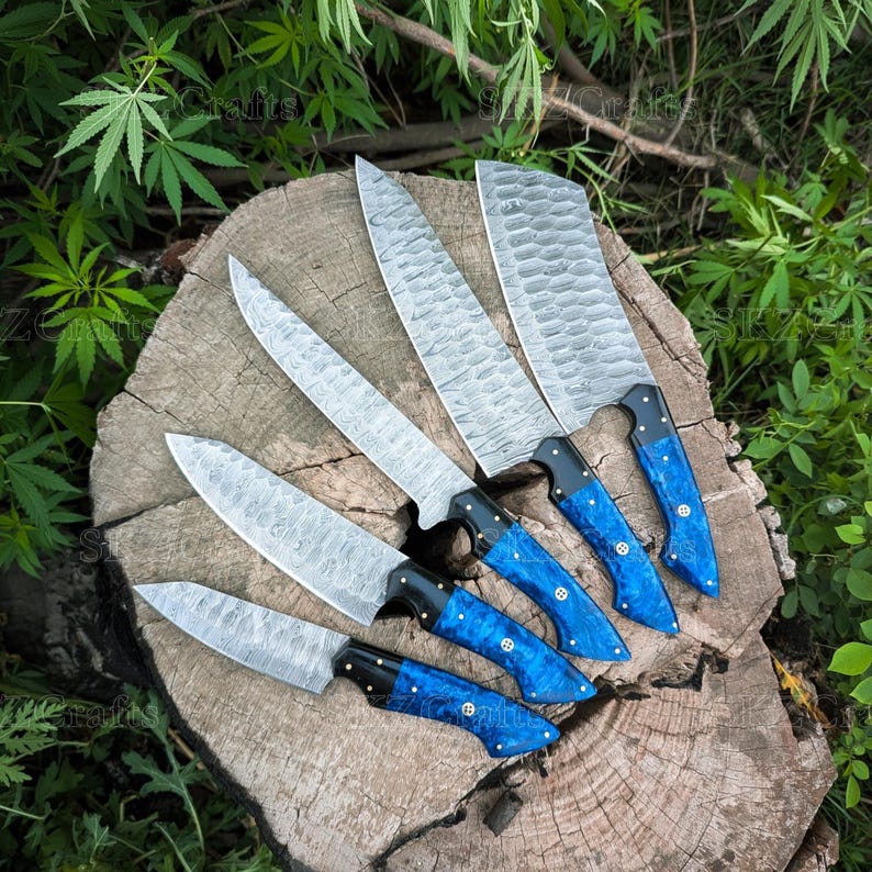 Damascus Steel Chef Knife Set, Vibrant Blue Resin & G10 Handle, Personalized Wedding Present, Thanksgiving Gifts