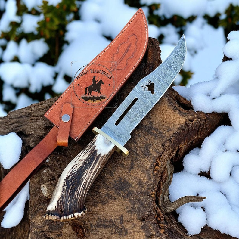 Handmade Damascus Steel Hunting Knife: Antler Horn Handle, Leather Sheath anniversary gift