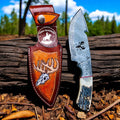 Damascus Gut Hook Skinner Knife : Deer Antler Handle With Engraved Leather Sheath