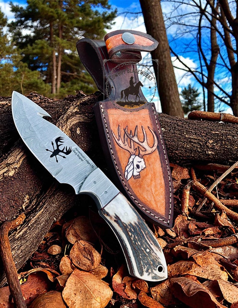 Damascus Gut Hook Skinner Knife : Deer Antler Handle With Engraved Leather Sheath