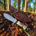Hand-Forged Damascus Steel Knife: Antler Handle, Leather Sheath