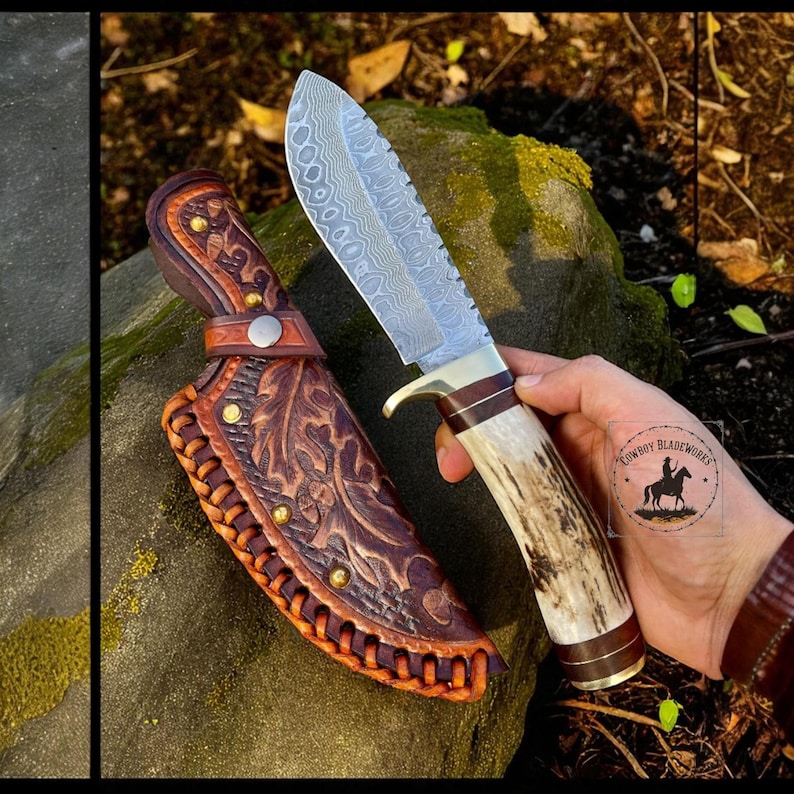 Hand-Forged Damascus Steel Knife: Antler Handle, Leather Sheath