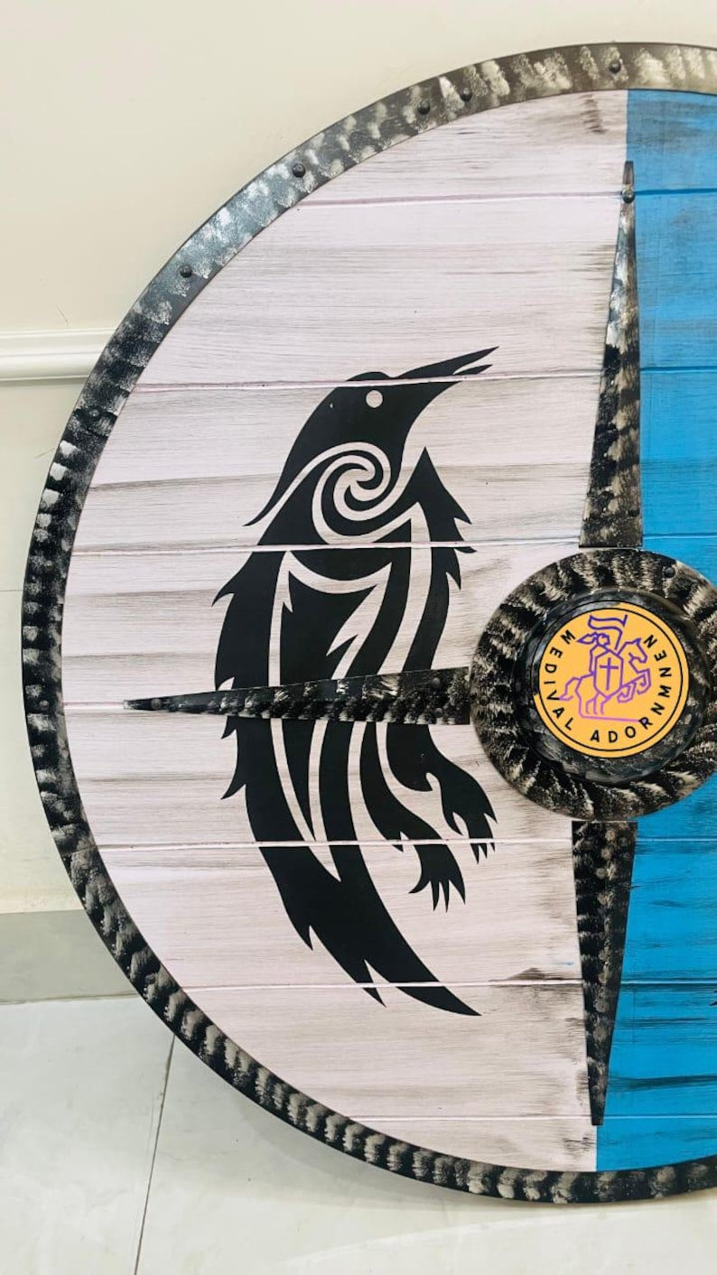 Handmade Viking Raven Shield | Norse Wooden Round Shield, Battle Worn LARP Cosplay Replica