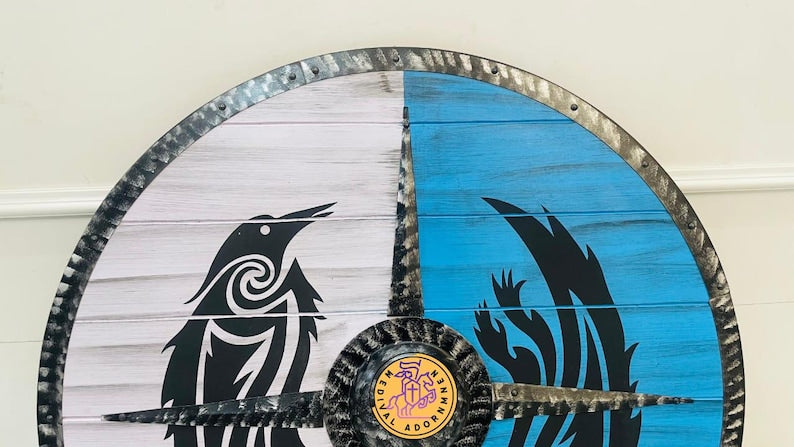 Handmade Viking Raven Shield | Norse Wooden Round Shield, Battle Worn LARP Cosplay Replica