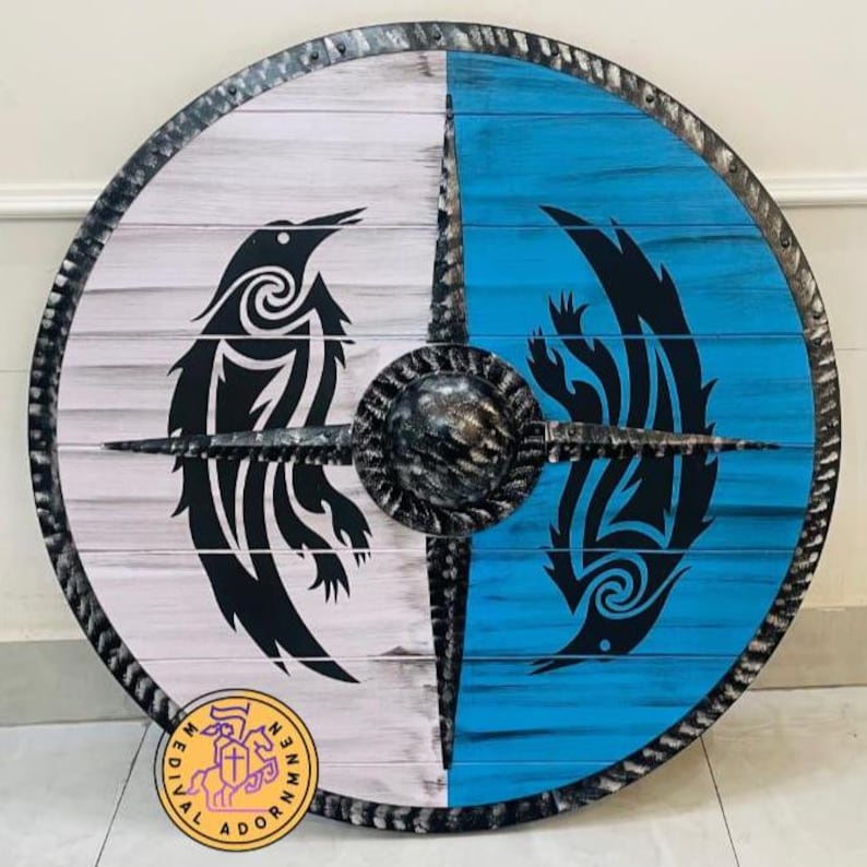 Handmade Viking Raven Shield | Norse Wooden Round Shield, Battle Worn LARP Cosplay Replica