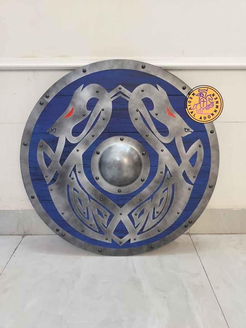 Handcrafted Blue Viking Shield – Norse Dragon, Cosplay Wall Decor