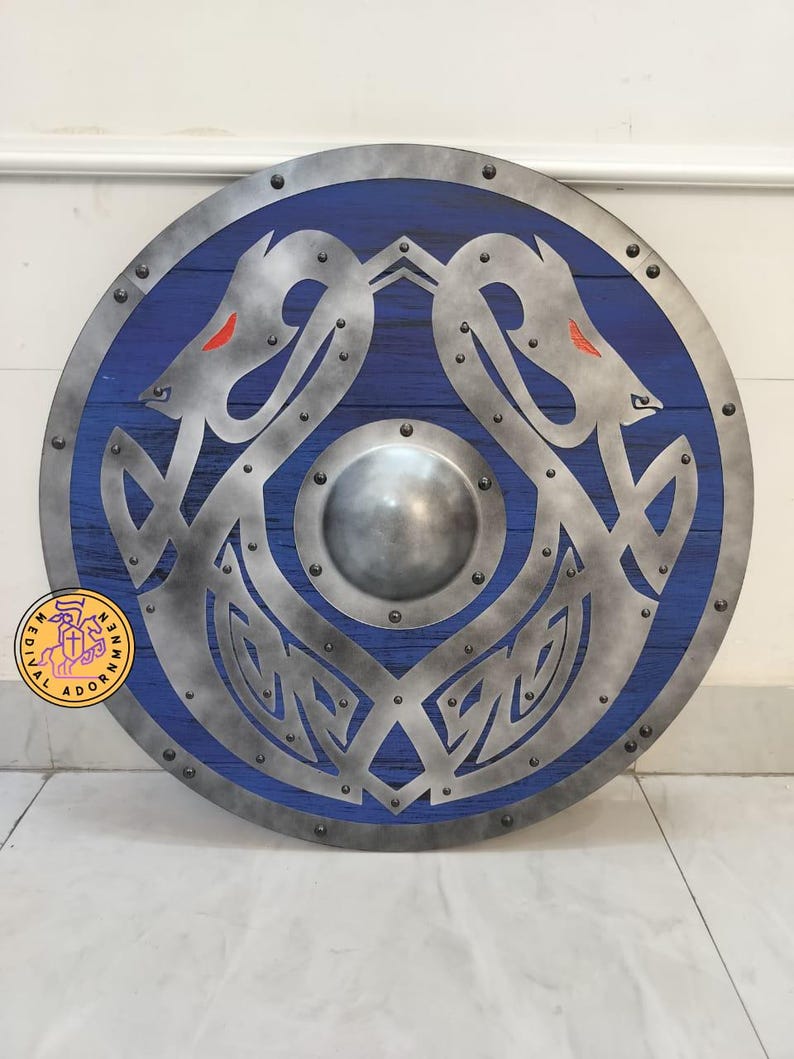 Handcrafted Blue Viking Shield – Norse Dragon, Cosplay Wall Decor