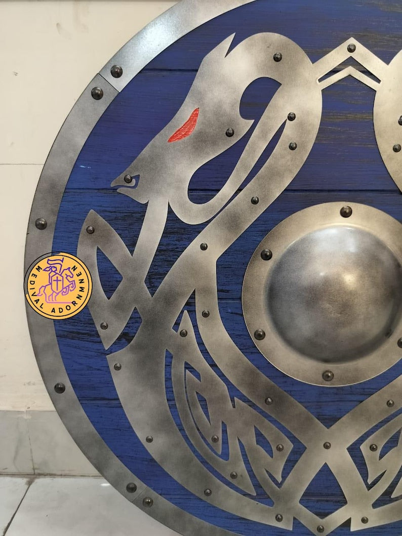 Handcrafted Blue Viking Shield – Norse Dragon, Cosplay Wall Decor