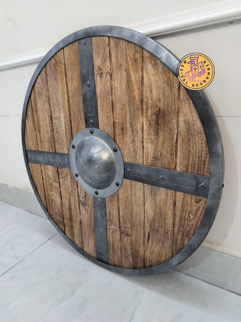 Handcrafted Wooden Medieval Shield – Viking Warrior Round Shield for Cosplay, Reenactment, LARP & Wall Decor