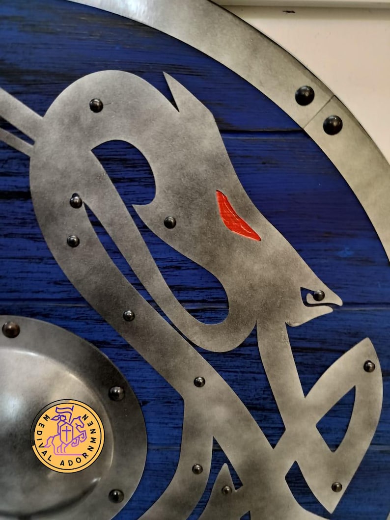 Handcrafted Blue Viking Shield – Norse Dragon, Cosplay Wall Decor
