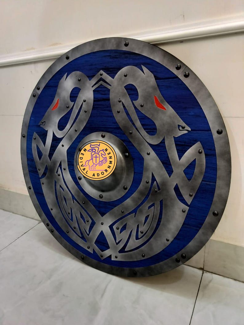 Handcrafted Blue Viking Shield – Norse Dragon, Cosplay Wall Decor