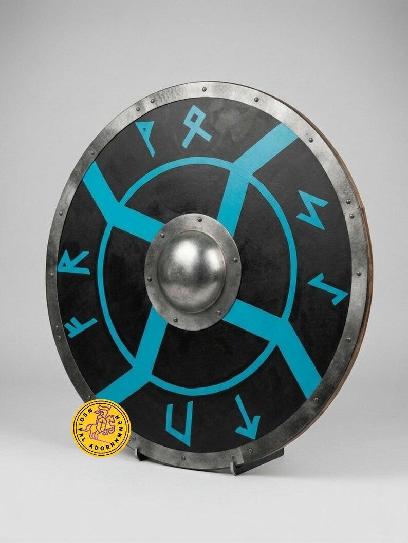 Norse Rune-Pattern Viking Shield, Handmade Wooden Wall Art, Medieval Warrior Decor