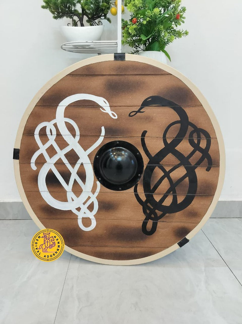 Norse Serpent Wooden Shield, Hand-Painted Viking Wall Decor, LARP Cosplay Armor