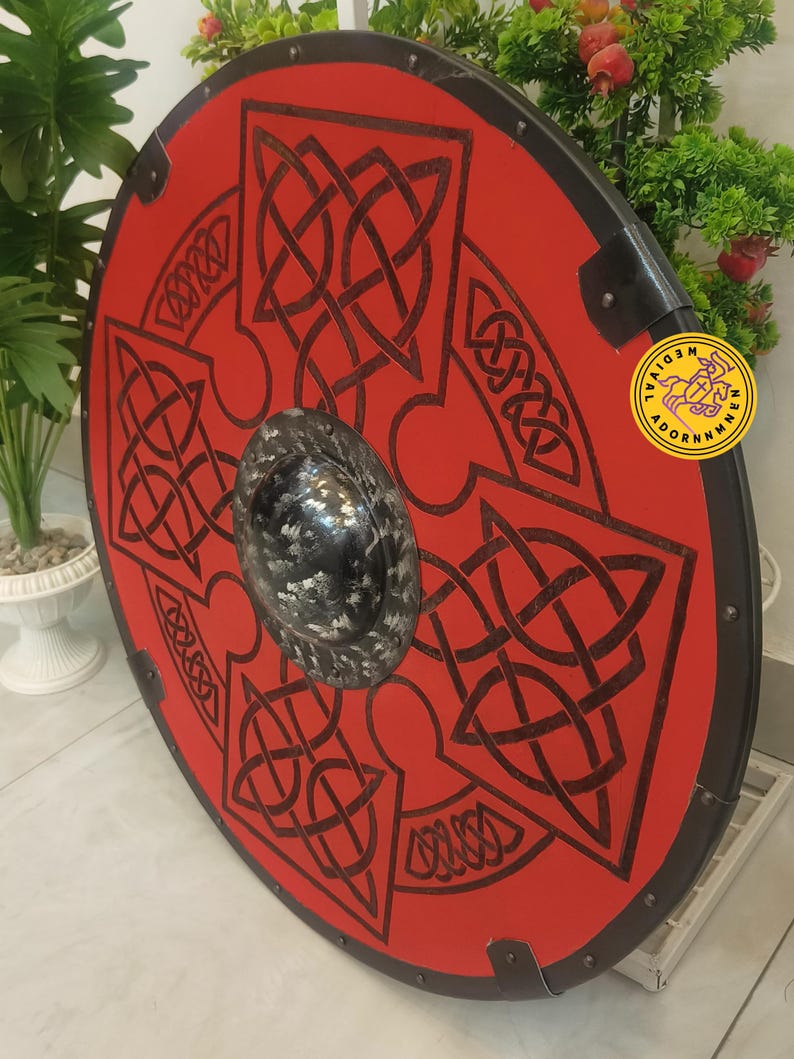 Red Viking Shield, Handcrafted Celtic Knot Wooden Shield, Norse Round Decor
