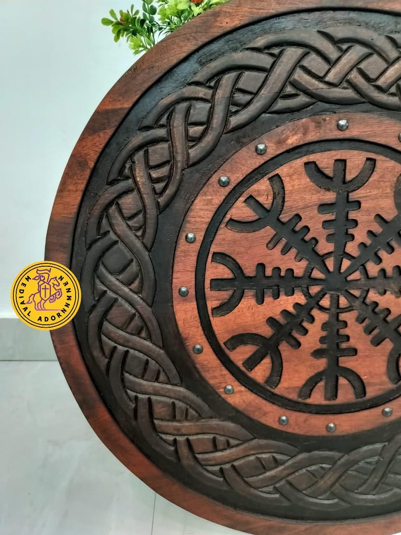 Handcrafted Viking Shield – Helm of Awe Norse Wall Decor, Medieval Wooden Prop