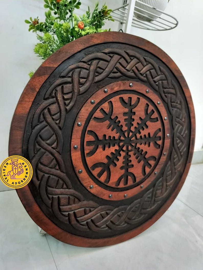Handcrafted Viking Shield – Helm of Awe Norse Wall Decor, Medieval Wooden Prop