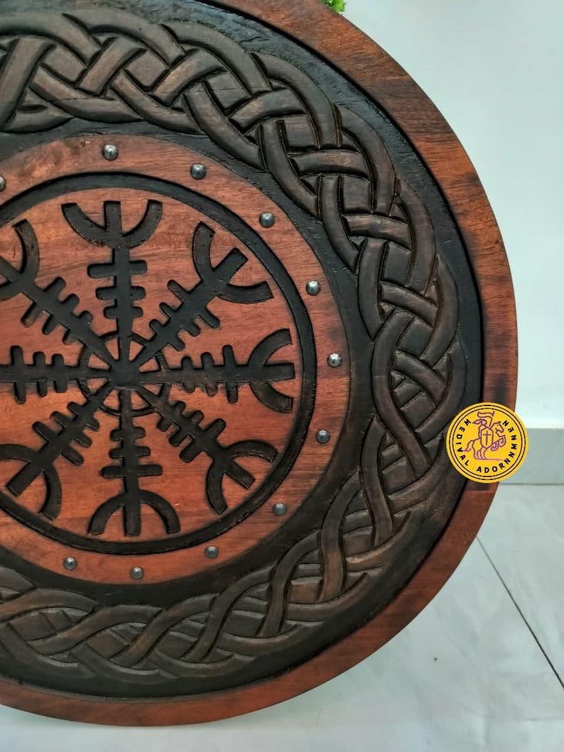 Handcrafted Viking Shield – Helm of Awe Norse Wall Decor, Medieval Wooden Prop