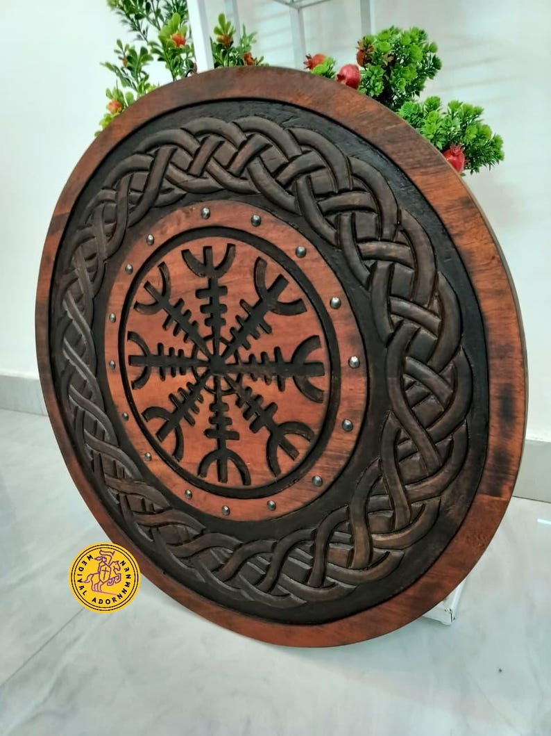 Handcrafted Viking Shield – Helm of Awe Norse Wall Decor, Medieval Wooden Prop
