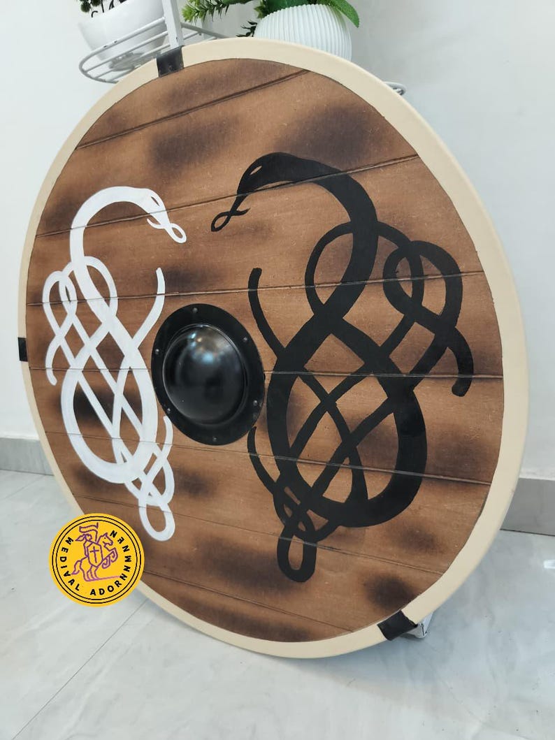 Norse Serpent Wooden Shield, Hand-Painted Viking Wall Decor, LARP Cosplay Armor