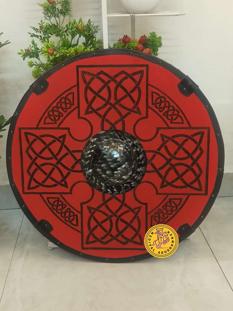 Red Viking Shield, Handcrafted Celtic Knot Wooden Shield, Norse Round Decor