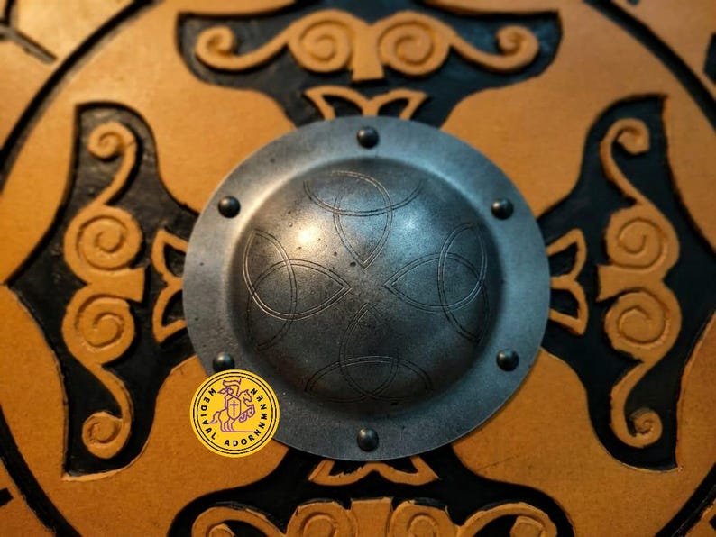 Handcrafted Viking Wooden Shield – Helm of Awe, Celtic Knot, Black Runes, Norse Design