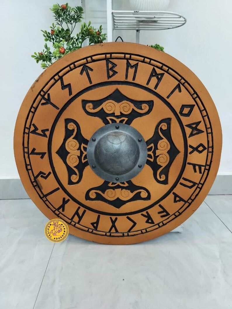 Handcrafted Viking Wooden Shield – Helm of Awe, Celtic Knot, Black Runes, Norse Design