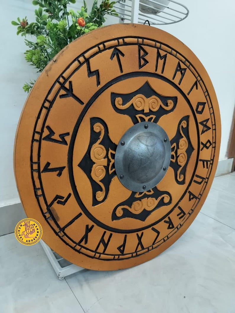 Handcrafted Viking Wooden Shield – Helm of Awe, Celtic Knot, Black Runes, Norse Design