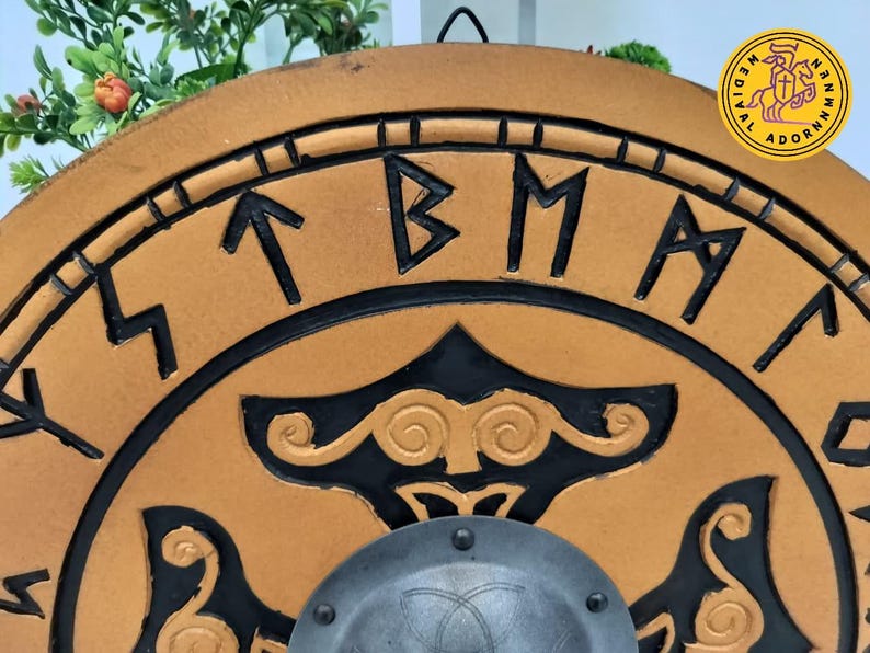 Handcrafted Viking Wooden Shield – Helm of Awe, Celtic Knot, Black Runes, Norse Design