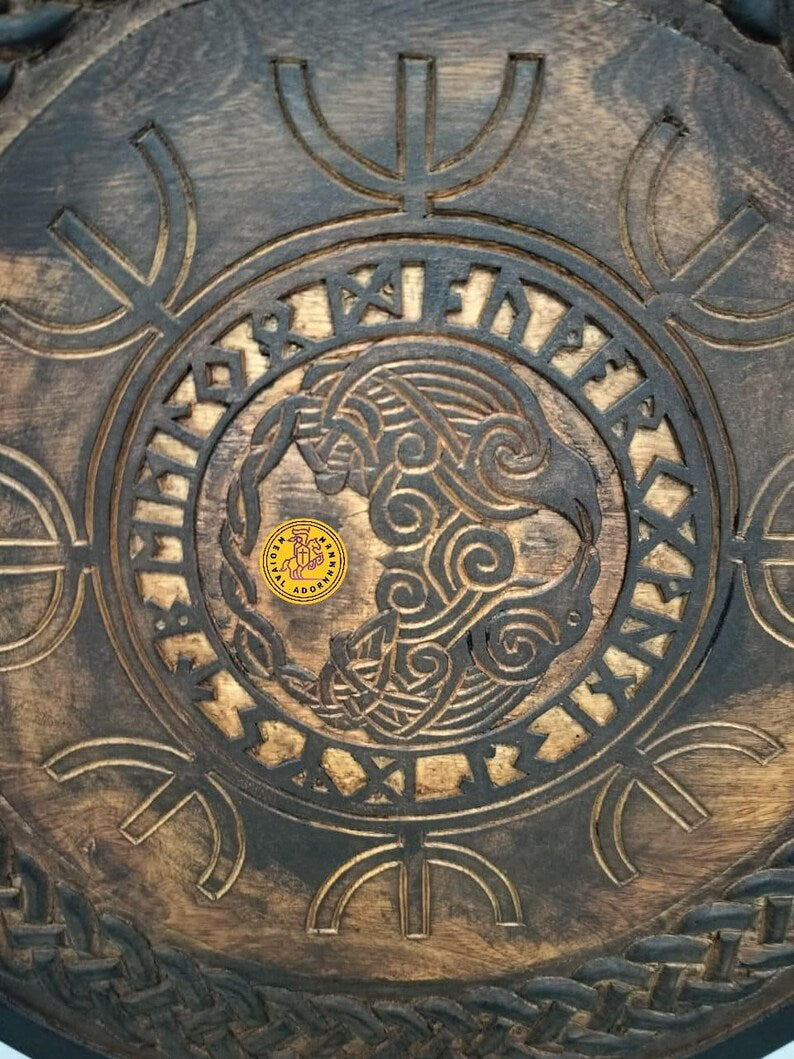 Hand Carved Fenrir Wolf Viking Shield: Norse Medieval Wall Art, LARP Cosplay Prop