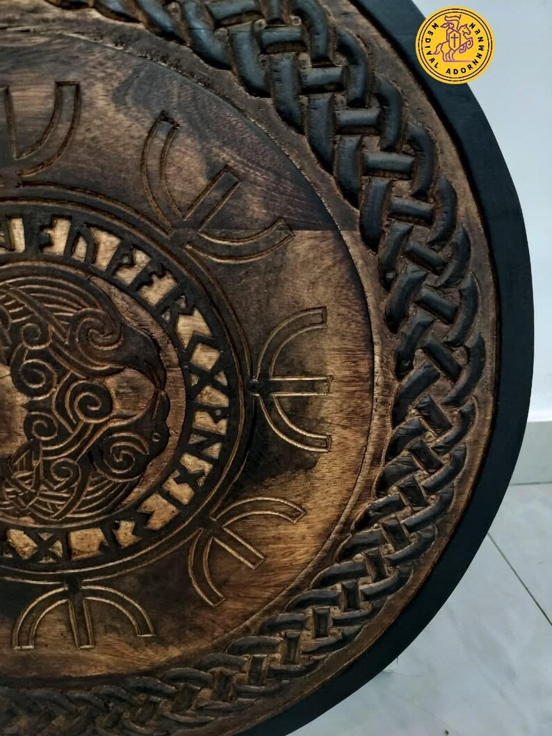 Hand Carved Fenrir Wolf Viking Shield: Norse Medieval Wall Art, LARP Cosplay Prop