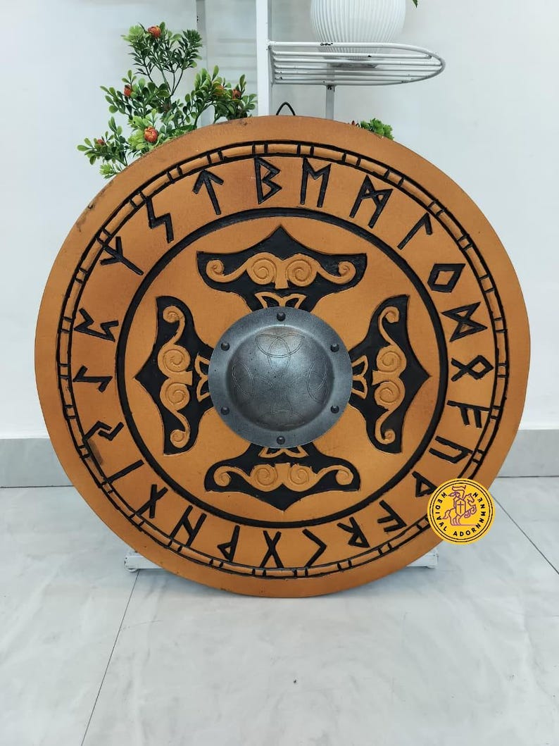 Handcrafted Viking Wooden Shield – Helm of Awe, Celtic Knot, Black Runes, Norse Design