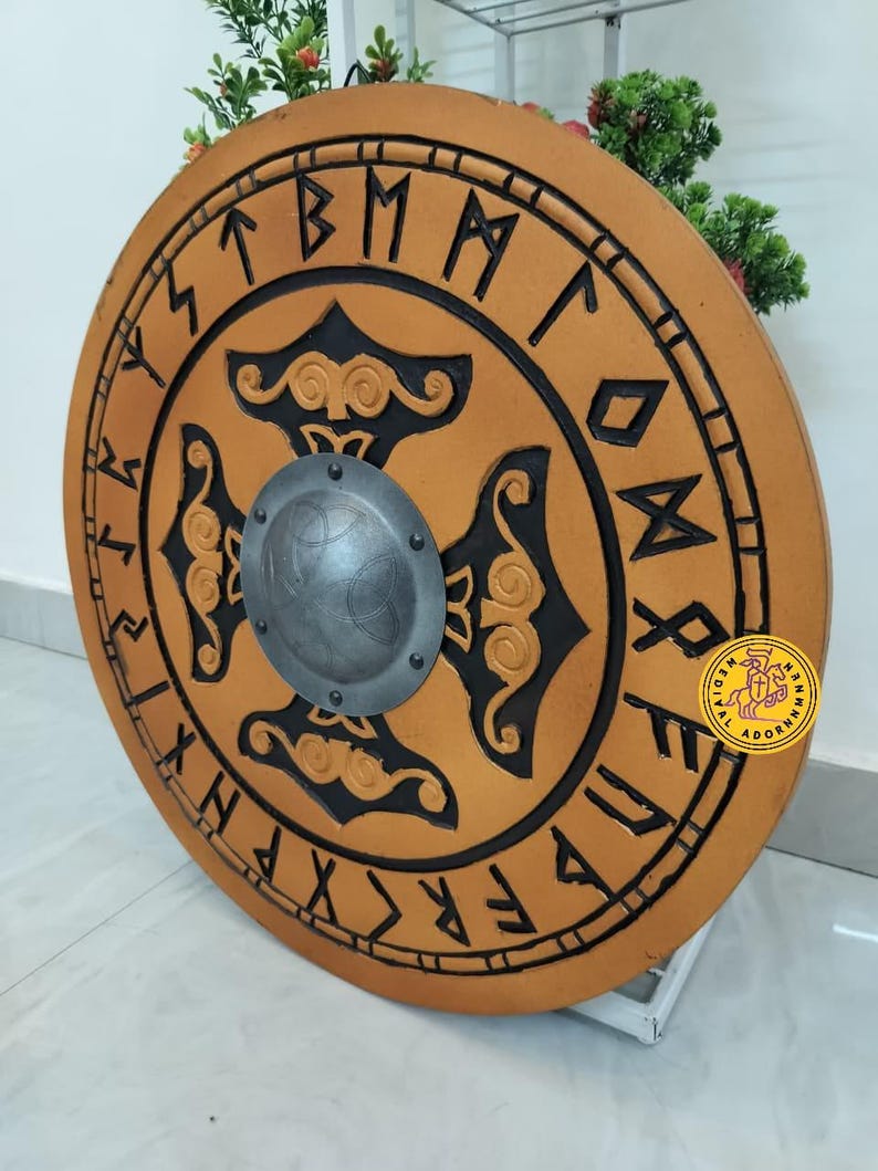 Handcrafted Viking Wooden Shield – Helm of Awe, Celtic Knot, Black Runes, Norse Design