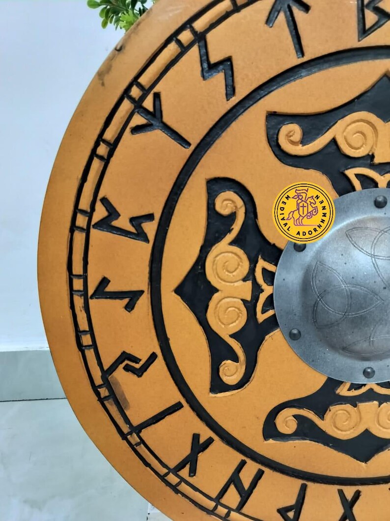 Handcrafted Viking Wooden Shield – Helm of Awe, Celtic Knot, Black Runes, Norse Design