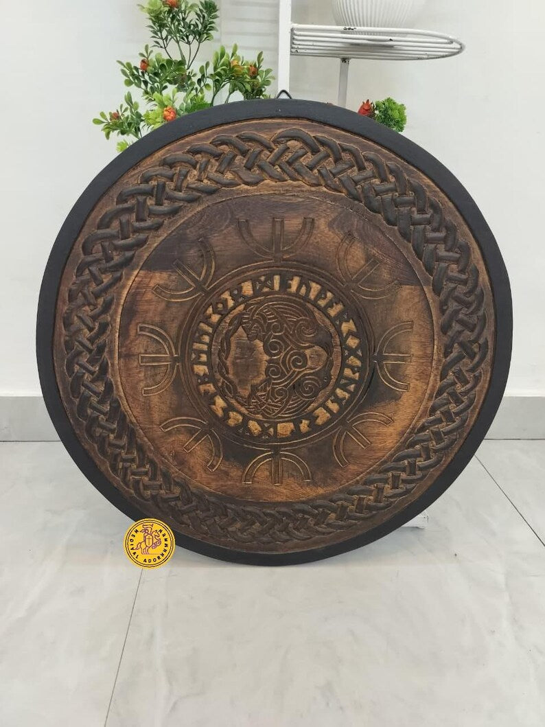 Hand Carved Fenrir Wolf Viking Shield: Norse Medieval Wall Art, LARP Cosplay Prop