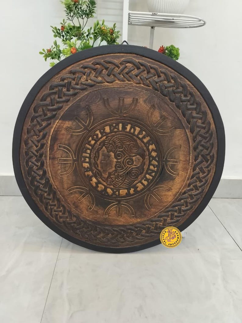 Hand Carved Fenrir Wolf Viking Shield: Norse Medieval Wall Art, LARP Cosplay Prop