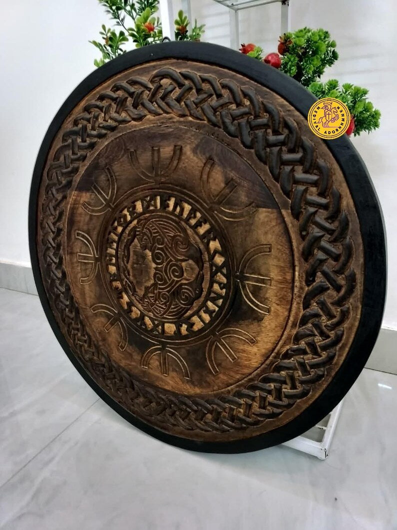 Hand Carved Fenrir Wolf Viking Shield: Norse Medieval Wall Art, LARP Cosplay Prop